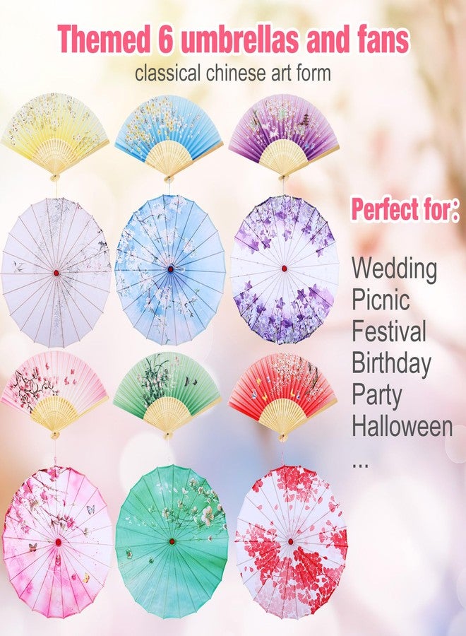 Dansydaisy 12 Pcs 32 in Oiled Paper Umbrella Folding Fan Set Chinese Japanese Parasol for Wedding Floral Umbrella and Paper Fan for Bridal Party Supplies Home Decor - Image 2